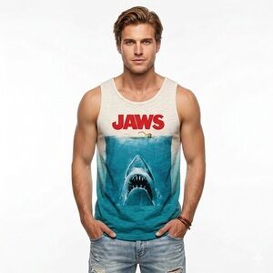 Jaws Unisex Tank Top Movie Poster Shark Graphic Blue White Large